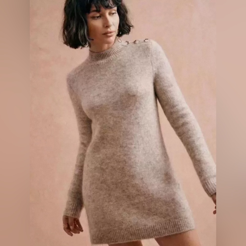 NEW Sezane Polly Button-Shoulder Sweater Dress in Mottled Beige